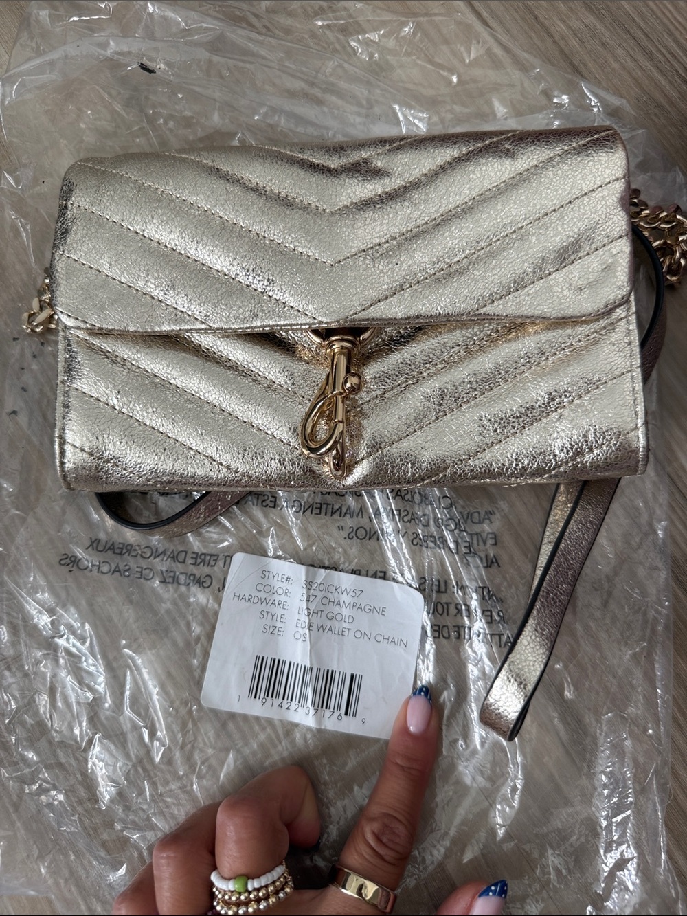 REBECCA MINKOFF CHAMPAGNE GOLD LEATHER EDIE WALLET ON A CHAIN
